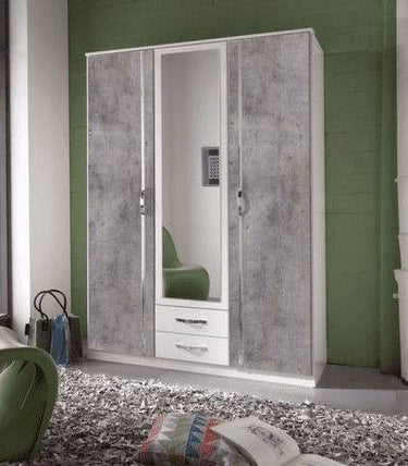 Ramina Concrete Grey & White Three-Door, Two-Drawer German Wardrobe - UK Luxury Furniture